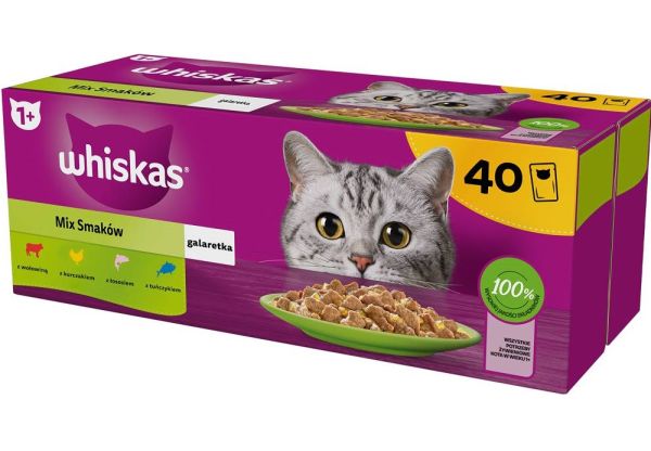 WHISKAS Adult 40x85g Smaki Rybne i Tradycyjne mokra karma dla kota w galaretce (z kurczakiem, z łososiem, z wołowiną, z tuńczykiem)