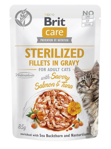 BRIT CARE Fillets in Gravy Pouch Sterilized Savory Salmon&amp;Tuna 24x85g z łososiem i tuńczykiem dla kotów sterylizowanych