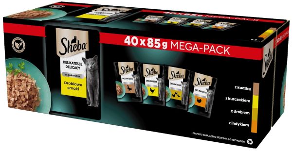 SHEBA Delicacy Drobiowe Smaki saszetki 40x85 g mokra karma pełnoporcjowa dla dorosłych kotów w galaretce kawałki z kaczką, kurczakiem, drobiem i indykiem