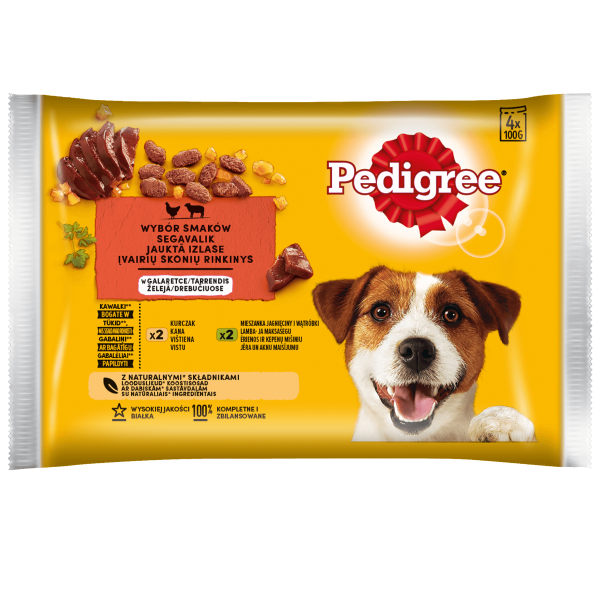 PEDIGREE Adult Wybór Smaków w galaretce 4x100g mokra karma dla dorosłych psów kawałki bogate w kurczaka i w mieszankę jagnięciny i wątróbki